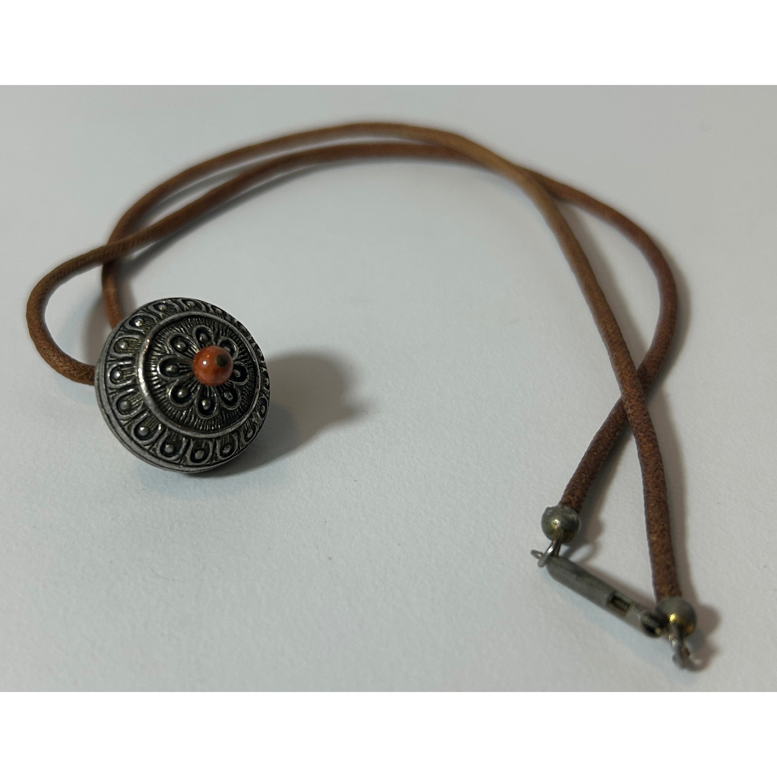 Vintage Southwestern Style Necklace - Etched Pendant, Coral Beads, Leather Cord